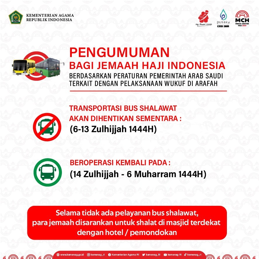 Approaching the Peak of Hajj, Salawat Bus Stops Operating from 6 to 13 Zulhijjah 1444 H