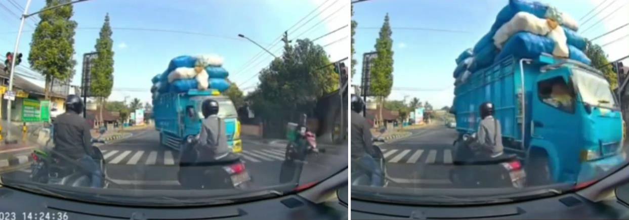 Moments of Reckless Truck Driver at Traffic Light.