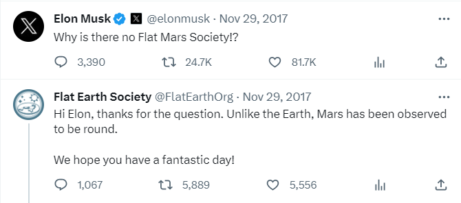 Strange Response from Flat Earth Believers to Elon Musk: Believe Mars is Round, But Not Earth