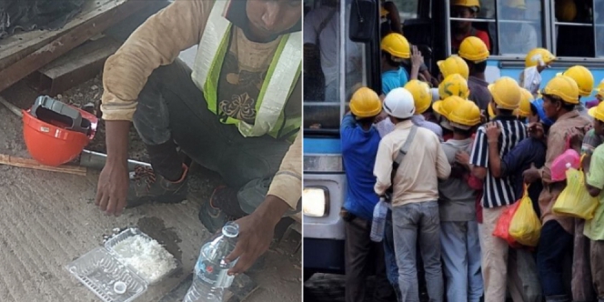 Kuli Bangunan Makan Nasi dengan Kuah Air Mineral Bikin Terenyuh