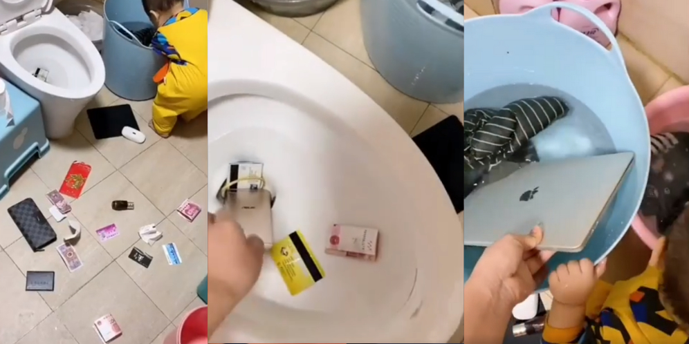 Aksi Balita Bantu Ibu Mencuci di Toilet, Mau Ngakak tapi Kok Nggak Tega