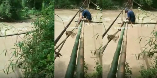 Bapak Bertaruh Nyawa Perbaiki Jembatan Bambu Warga Demi Penuhi Permintaan Anak