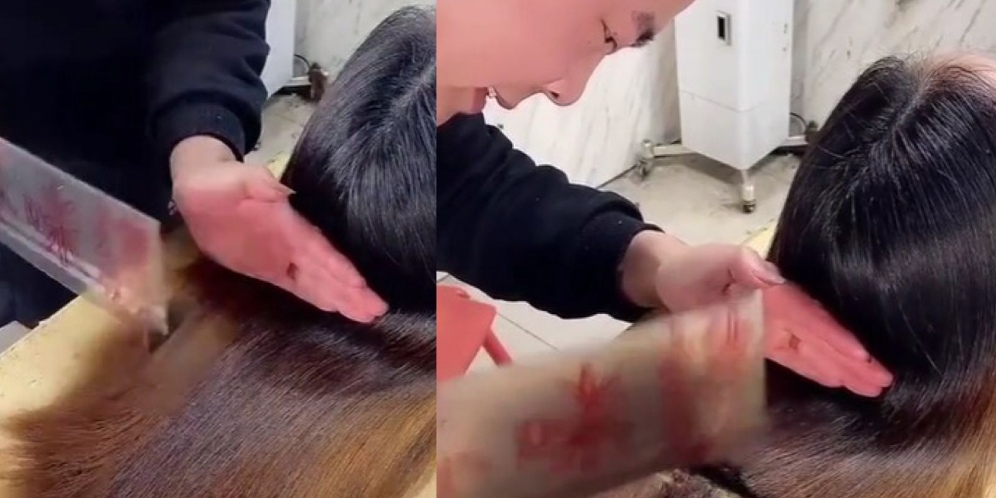 Viral Si Cewek Potong Rambut dengan Pisau Pemotong Daging, Hasilnya Bikin Melongo!