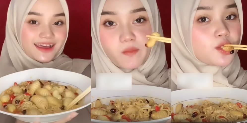 Viral, Gadis Cantik Jadikan Makanan Ekstrem Papua Ulat Sagu Sebagai Topping Mie Rebus