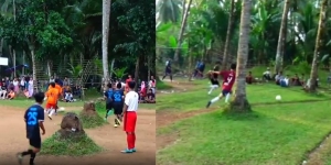 Viral Liga Sepak Bola Tarkam di Lapangan Penuh Bekas Tebangan Pohon Kelapa: 'Main Bola Rasa Ninja Warrior'