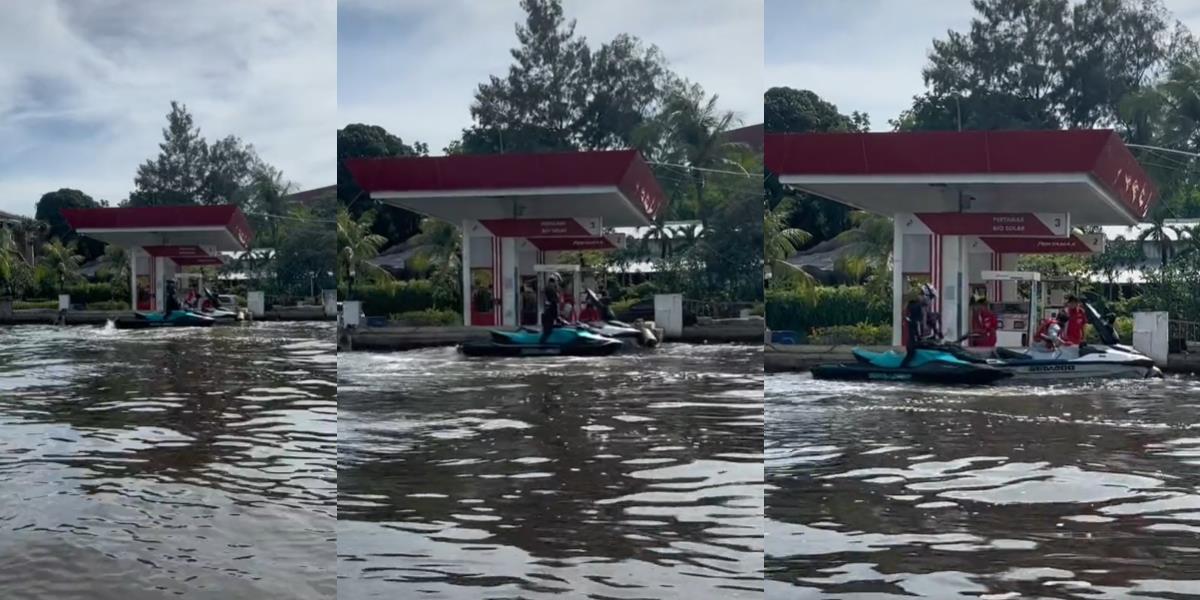 Dikira Kebanjiran, Jet Ski Antre Isi Bensin di SPBU Mengapung Bikin Netizen Terheran-heran: 'Baru Tahu Ada Ginian'