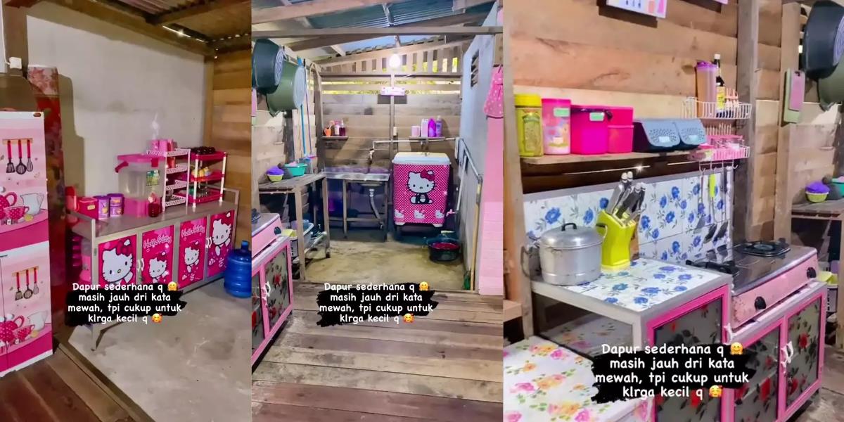 Desain Dapur Sederhana Berdinding dan Berlantai Kayu Ini Unik, Rapi dan Bersih dengan Aksen Warna Pink dan Tema Hello Kitty
