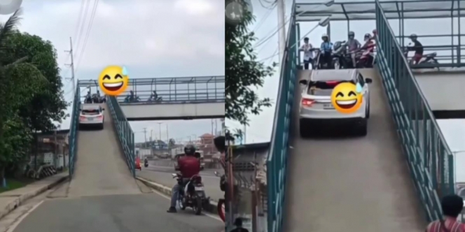 Ampun! Pengemudi Mobil Nekat Naik Jembatan Penyeberangan, Cuma Bisa Maju Mundur Dikepung Pengendara Motor dan Pejalan Kaki