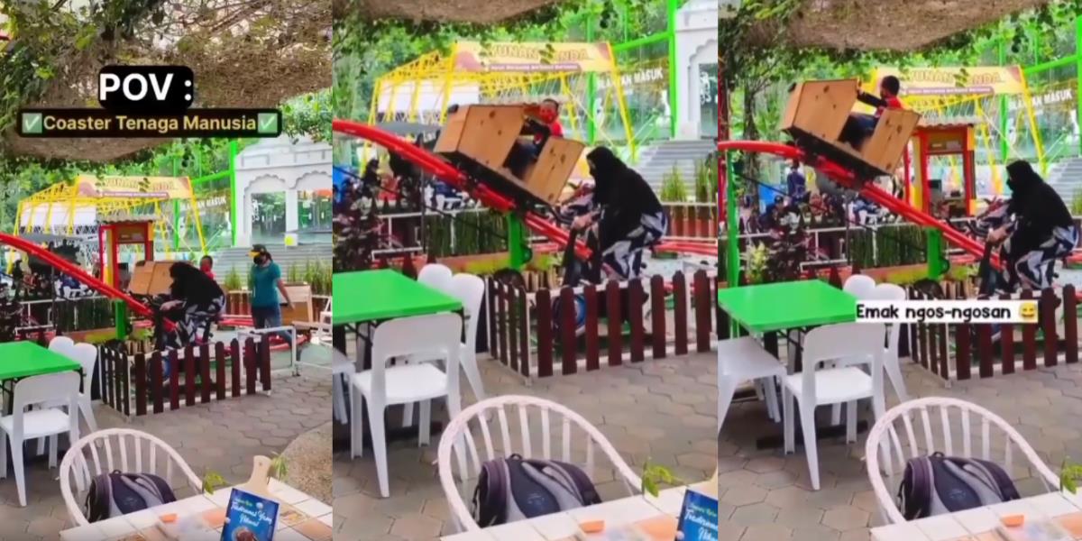 Viral! Aksi Emak-emak Ngos-ngosan Kayuh Permainan Roller Coaster Tenaga Manusia, Netizen: 'Mama Tersiksa, Anak Bahagia'