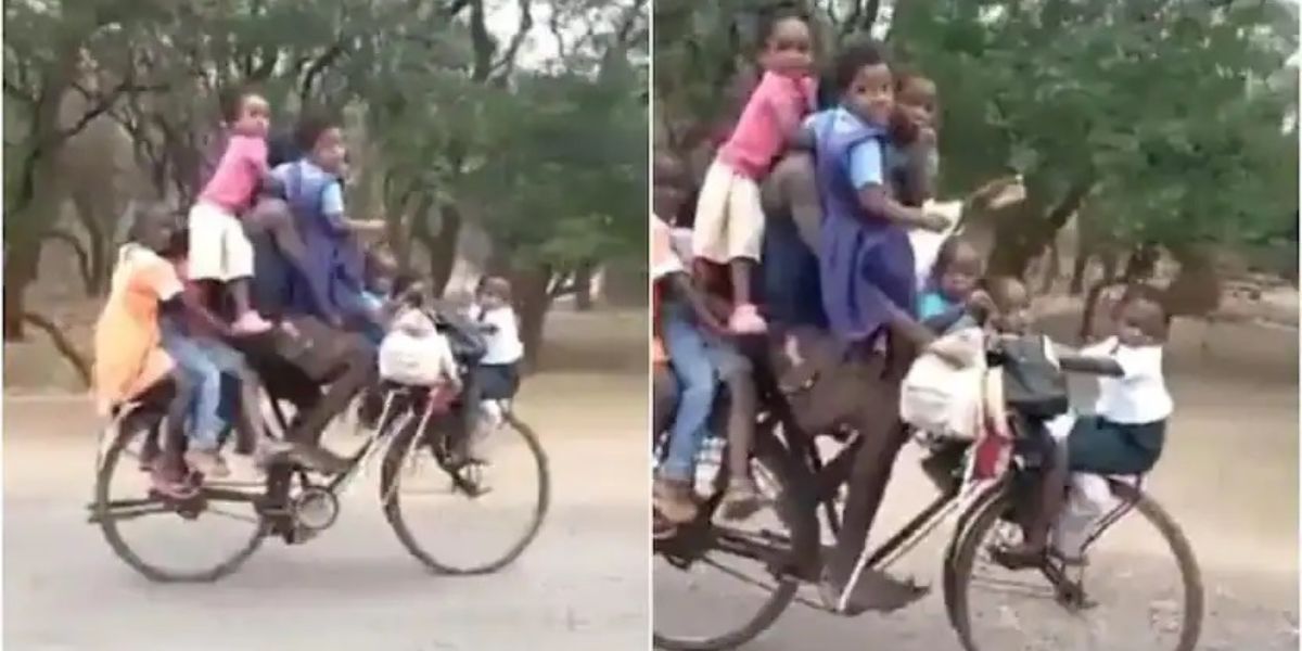 Aksi Viral Pria Naik Sepeda Bonceng 9 Anaknya