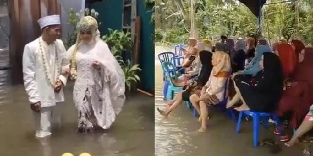 Kumpulan Momen <Em>Sad</Em> Pengantin Menikah di Tengah Banjir, Tegar Demi Status Halal