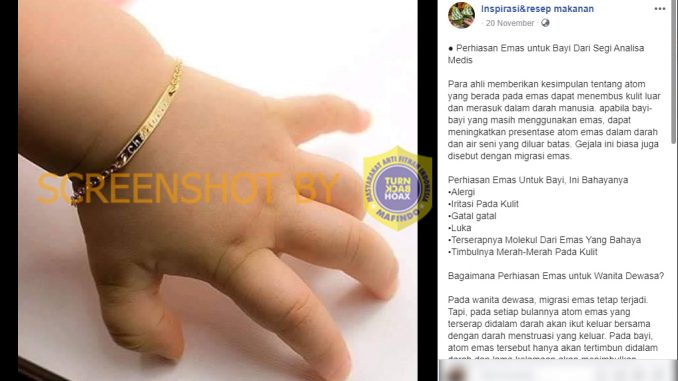 Cek Fakta: Pemakaian Perhiasan Emas pada Bayi Berbahaya karena Partikel Emas Dapat Menembus Kulit