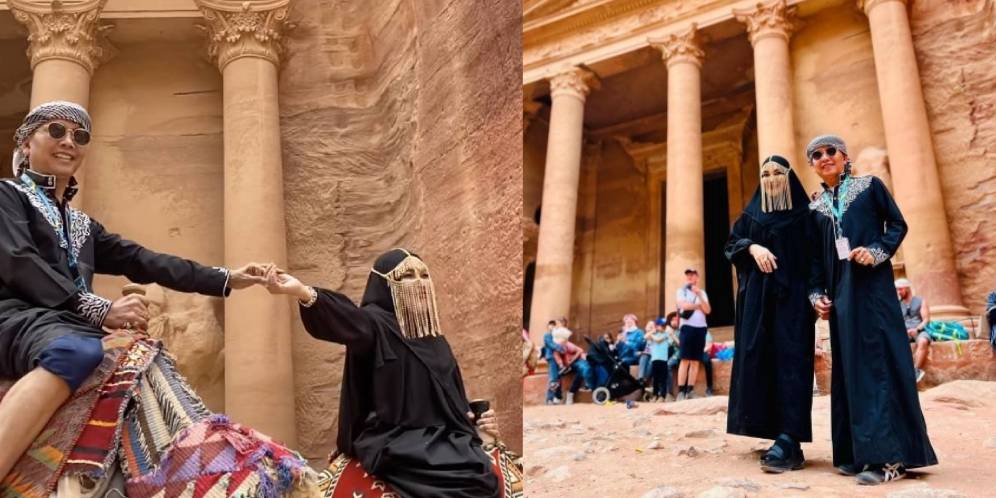 Potret Gaya dan Penampilan Umi Kalsum Liburan di Yordania, Pakai Cadar Emas