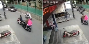 Rekaman CCTV Pemotor Main Potong Jalan Pengendara Lain Saat Belok, Endingnya Motornya Auto Hilang Ditelan Gorong-Gorong