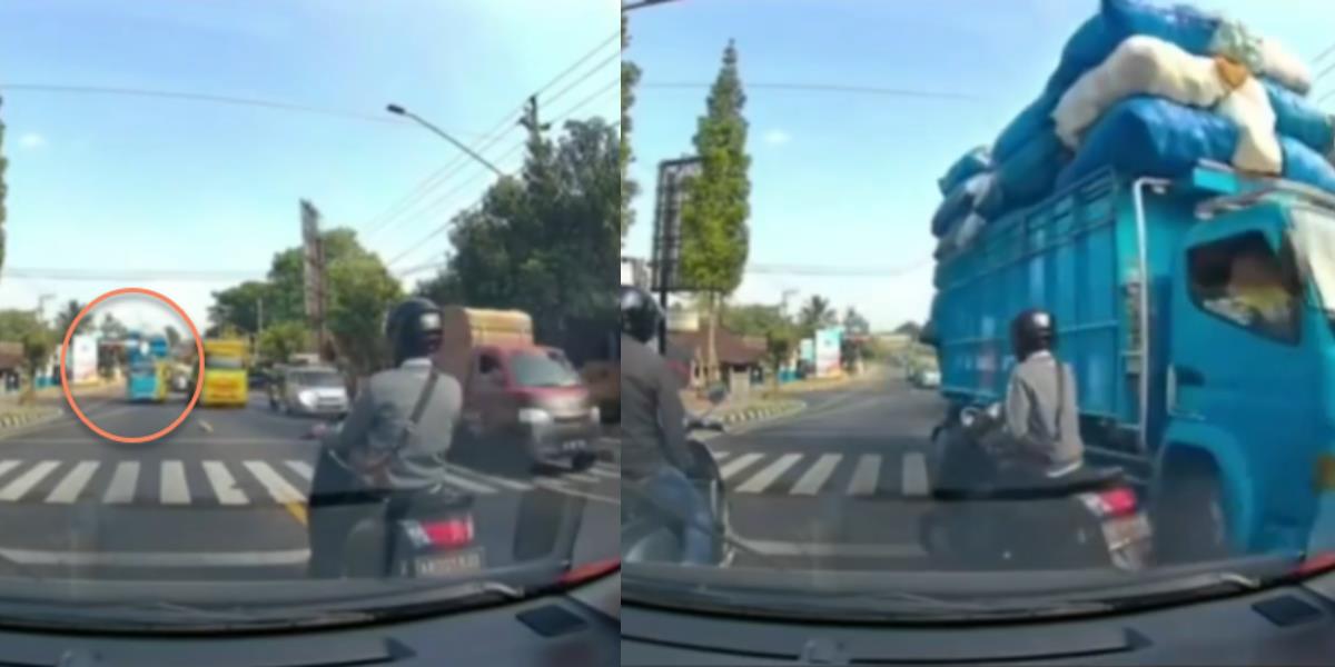 Viral! Detik-Detik Sopir Truk Ugal-ugalan Salip Kendaraan Pas Lampu Merah, Pengendara Motor Hampir Ketabrak Malah Tampak Santuy