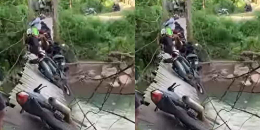 Momen Menegangkan Warga Bertahan di Jembatan Kayu yang Miring dan Hampir Putus, Gerak Sedikit Auto Beda Alam