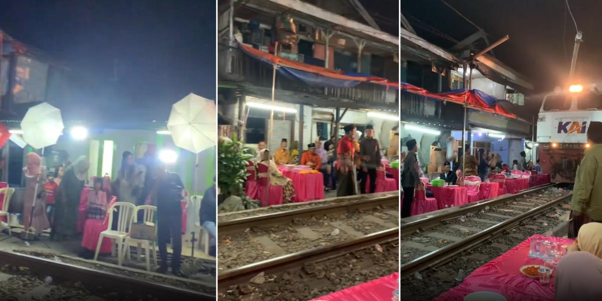 Viral! Warga Surabaya Gelar Pesta Pernikahan Mepet Rel Kereta Api, Netizen: Pelan-pelan Pak Sopir