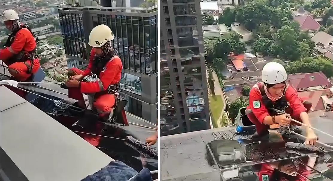 Profesi Penuh Risiko Operator Gondola Pembersih Kaca Gedung Bertingkat, Hanya Bergantung pada Tali Jiwa Sebagai Jaminan Keselamatannya