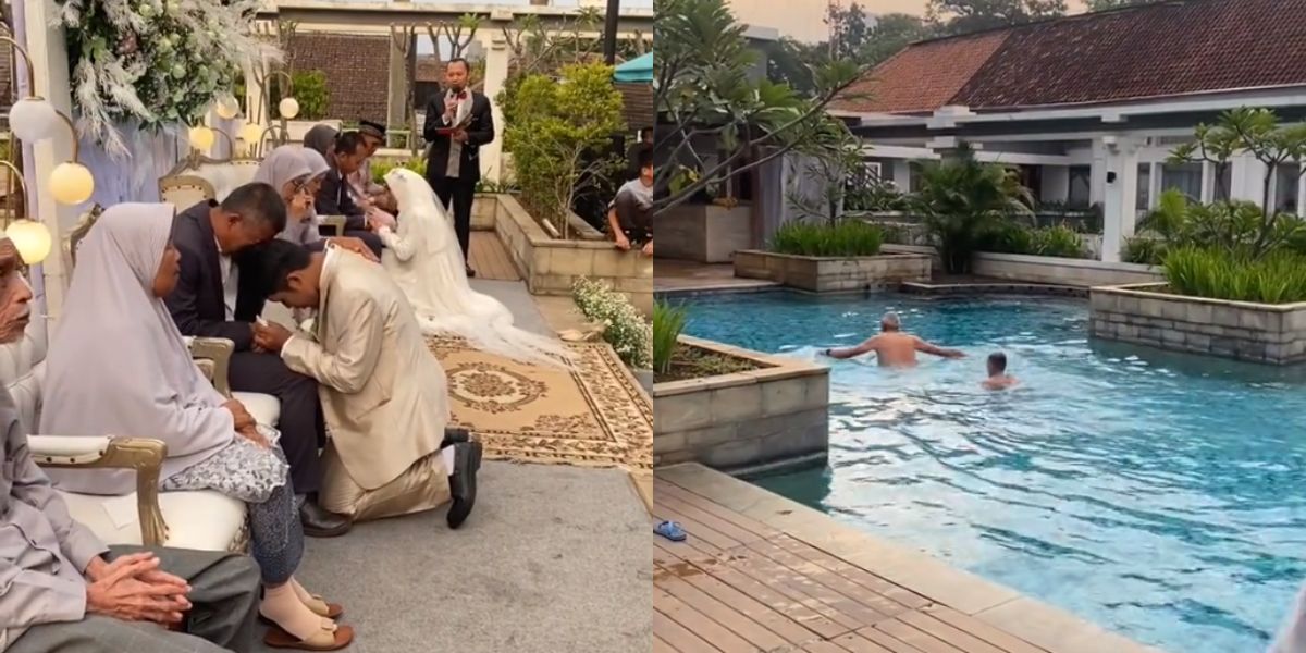 Momen Awkward Pengantin Lagi Nangis Sungkeman, Eh Pengunjung Hotel Asyik Berenang di Belakang Pelaminan