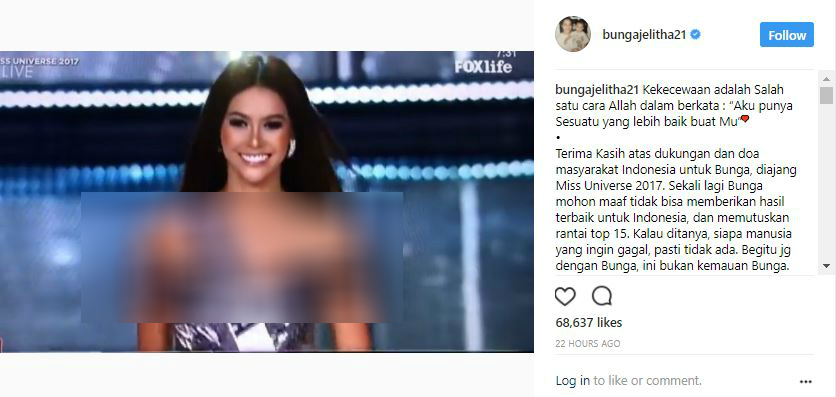 Gagal Raih Gelar Miss Universe Bunga Jelitha Maaf Indonesia