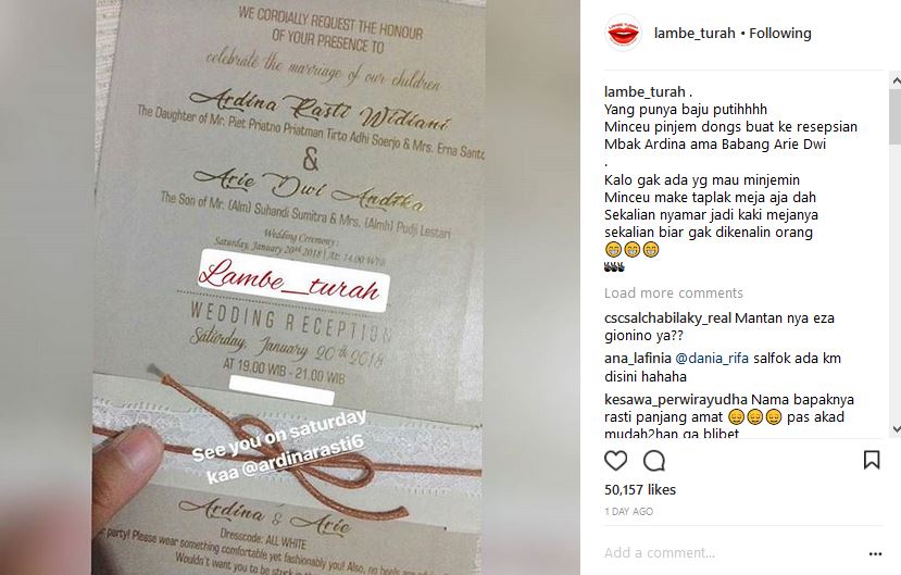 Undangan Nikah Bocor Nama Ayah Ardina Rasti Bikin Keder