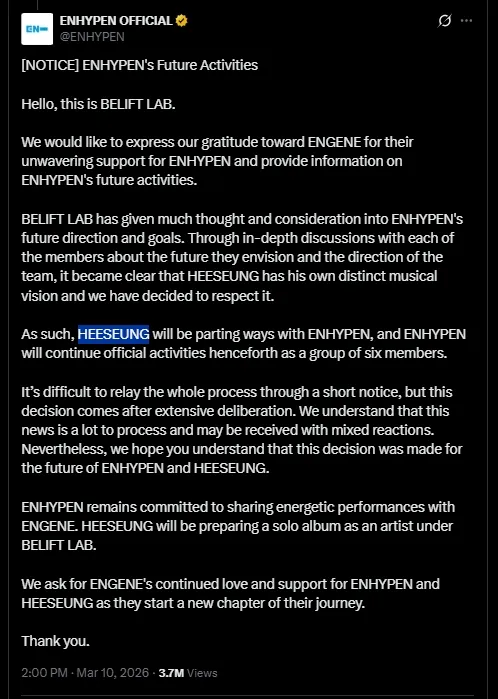 ENHYPEN Akan Lanjut dengan Formasi Enam Member