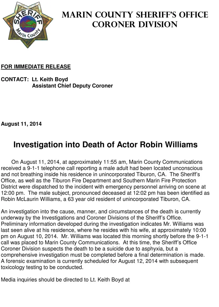 Surat resmi yang dikeluarkan Maryn County terkait kematian Robin Williams