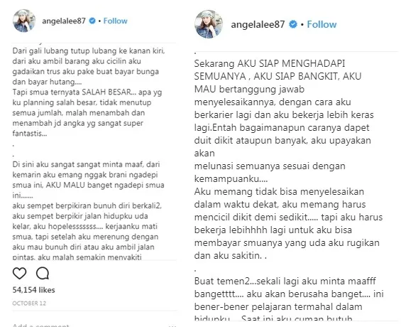 Curhatan Angela Lee soal utangnya ©instagram/angelalee87