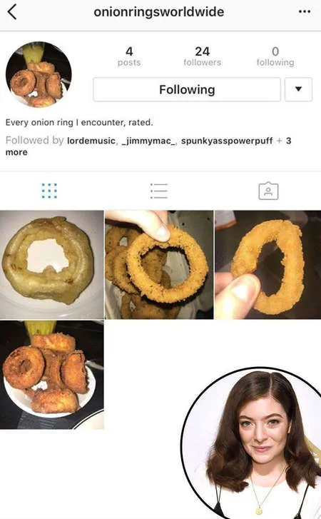 Baru-baru ini publik dikejutkan dengan pengakuan Lorde soal akun Instagram rahasianya, yang tak lain adalah akun yang khusus review onion ring. Dalama wawancara bersama Jimmy Fallon, Lorde mengakui membuat akun tersebut hanya untuk iseng-iseng saja. Meski Lorde belum sempat mereview banyak onion ring, namun ia memutuskan untuk menghapusnya.