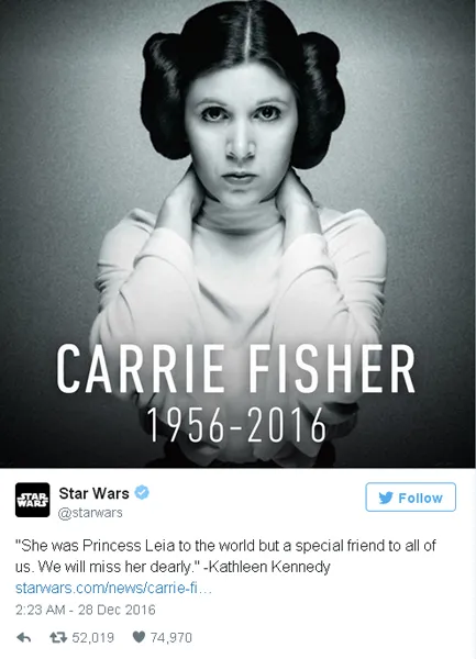 FOTO: Seleb Berduka Atas Kepergian Carrie Fisher 'Princes Leia'