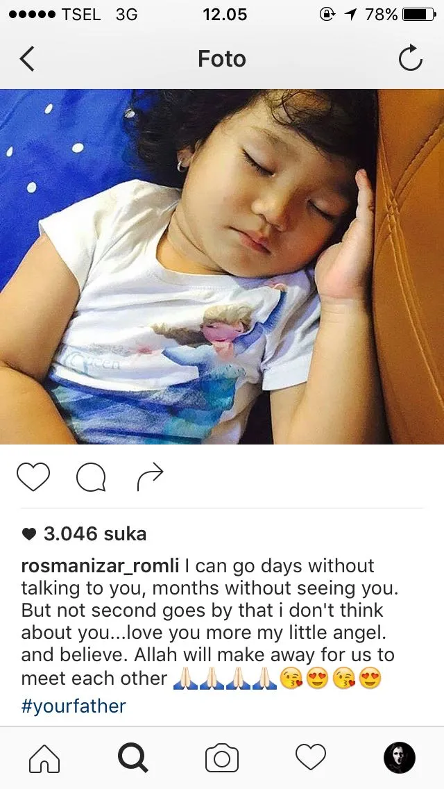 Postingan foto Bilqis dari akun yang diduga dipakai oleh Enji. ©instagram.com/rosmanizar_romli