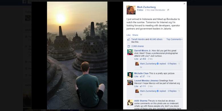 [foto] ke indonesia, mark zuckerberg nikmati borobudur