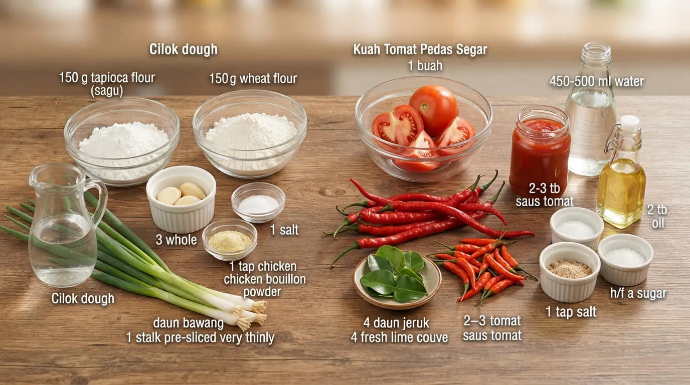 Bahan-bahan cilok kuat tomat pedas. Foto: AI Generated