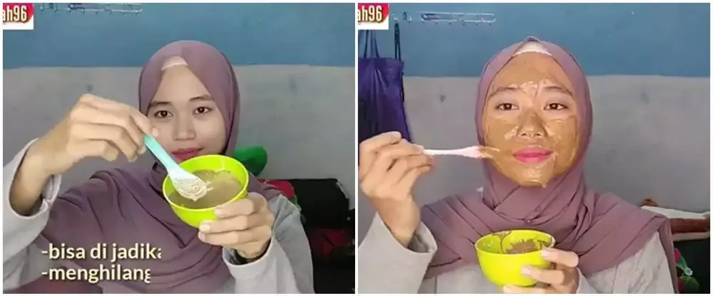 Applying the rice flour and rose water mask evenly on the face. (YouTube/Risa Alfiah)