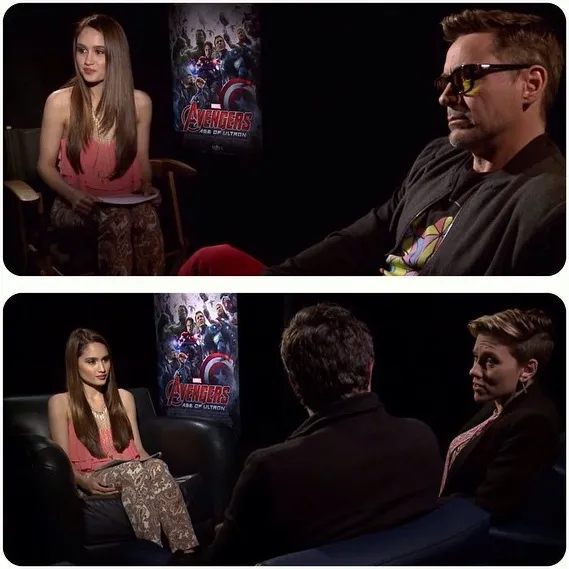 Cinta ketika wawancara dengan Robert Downey Jr dan Scarlett Johansson © instagram.com/claurakiehl