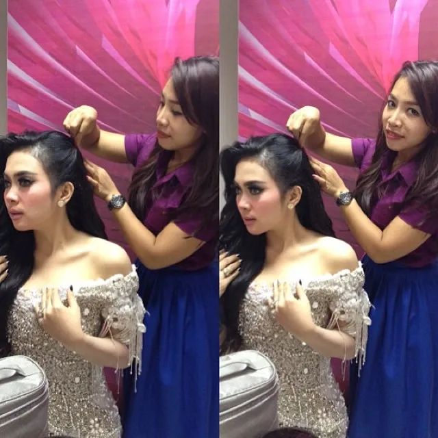 Emma saat menata rambut Syahrini. Hasilnya, tak perlu ditanya lagi. @instagram.com/emmadina