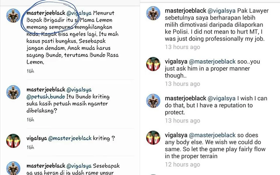 Screencaps komentar akun @masterjoeblack cr: instagram.com/vigalsya