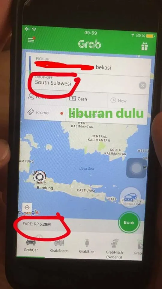 Seorang pelanggan Grab car memesan mobil dengan rute Bekasi - Sulawesi © Facebook.com/Angga Eldana Putra