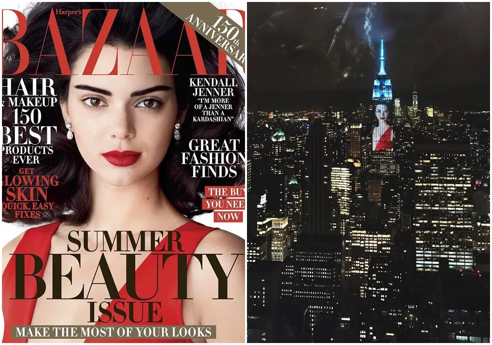 Foto Kendall Jenner nampang di salah satu gedung tertinggi di dunia © Harper's Bazaar
