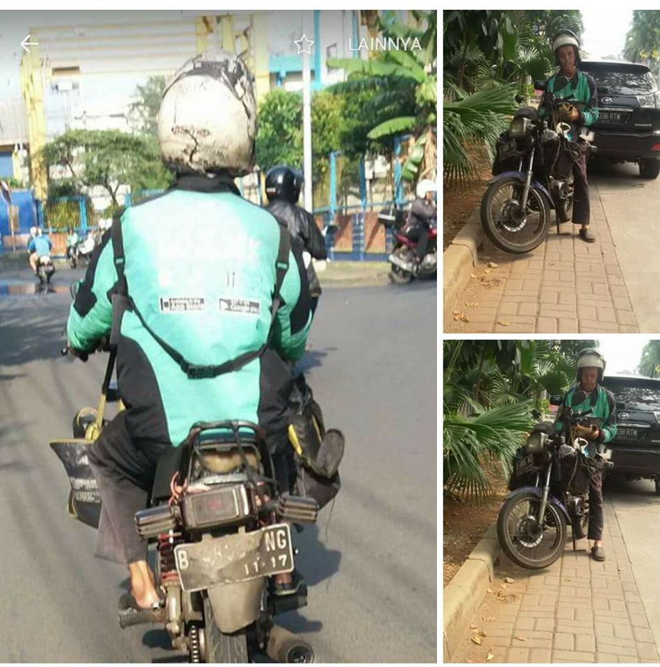 Pak Hermanto, driver Gojek yang jadi viral karena kondisi motornya yang mengkhawatirkan © Facebook.com/Firman Fadillah