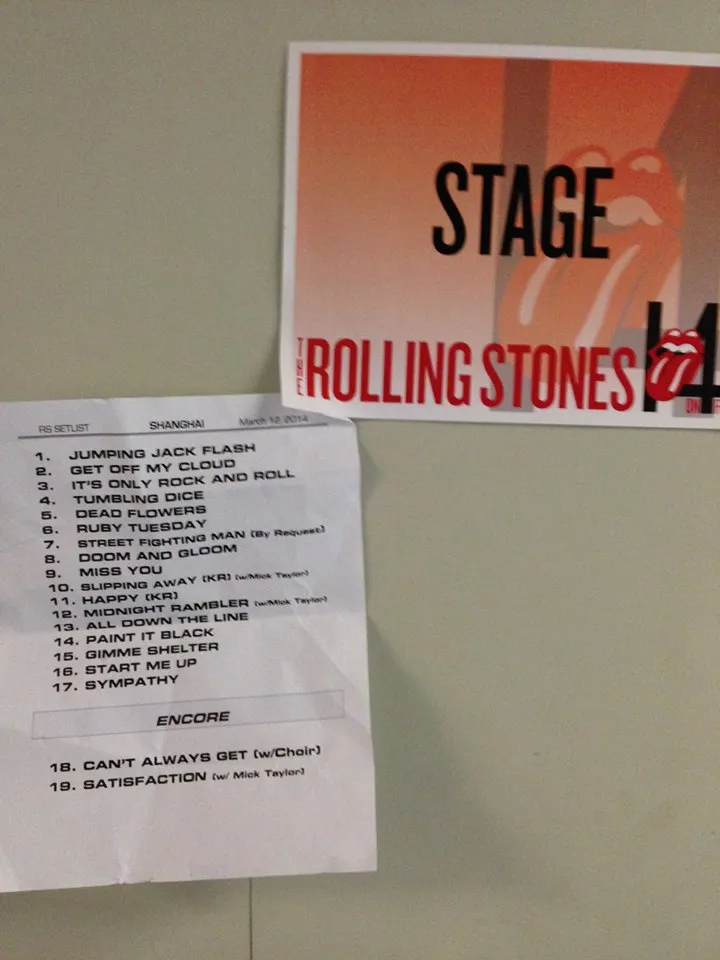 Setlist The Rolling Stones saat tampil di Cina tadi malam (12/3). // Facebook/TheRollingStones