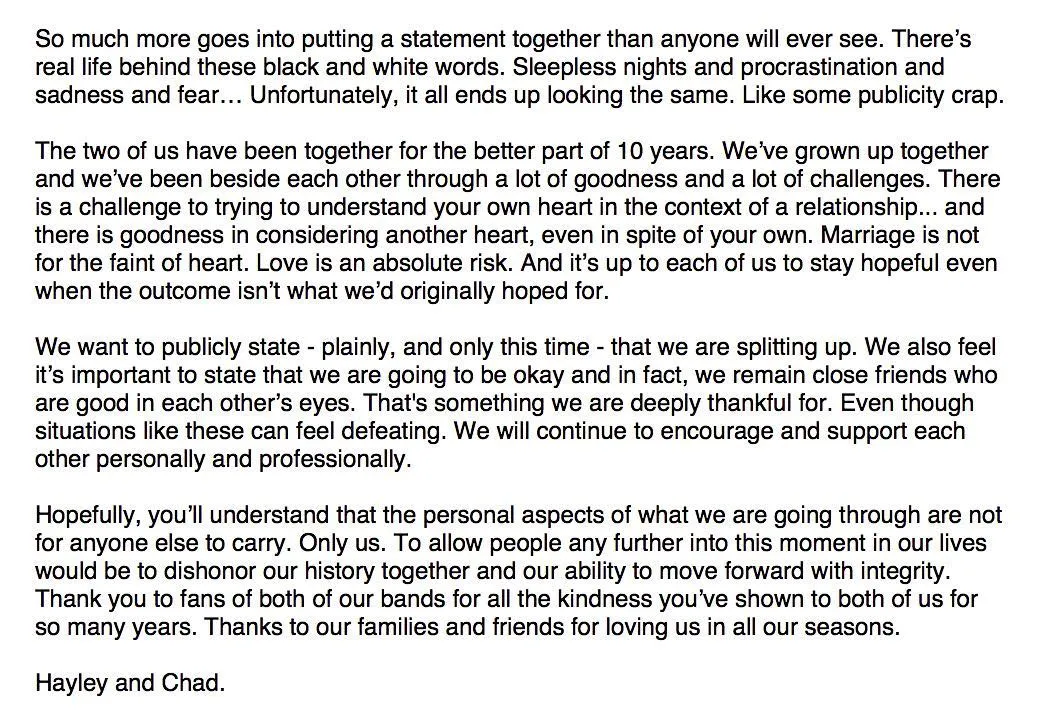 Tulisan Hayley dan Chad di akun instagram masing-masing bahwa mereka telah berpisah © instagram.com/yelyahwilliams
