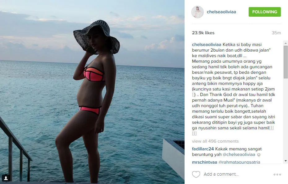 Foto kehamilan Chelsea di Maldives mengenakan bikini © Instagram.com/chelseaoliviaa