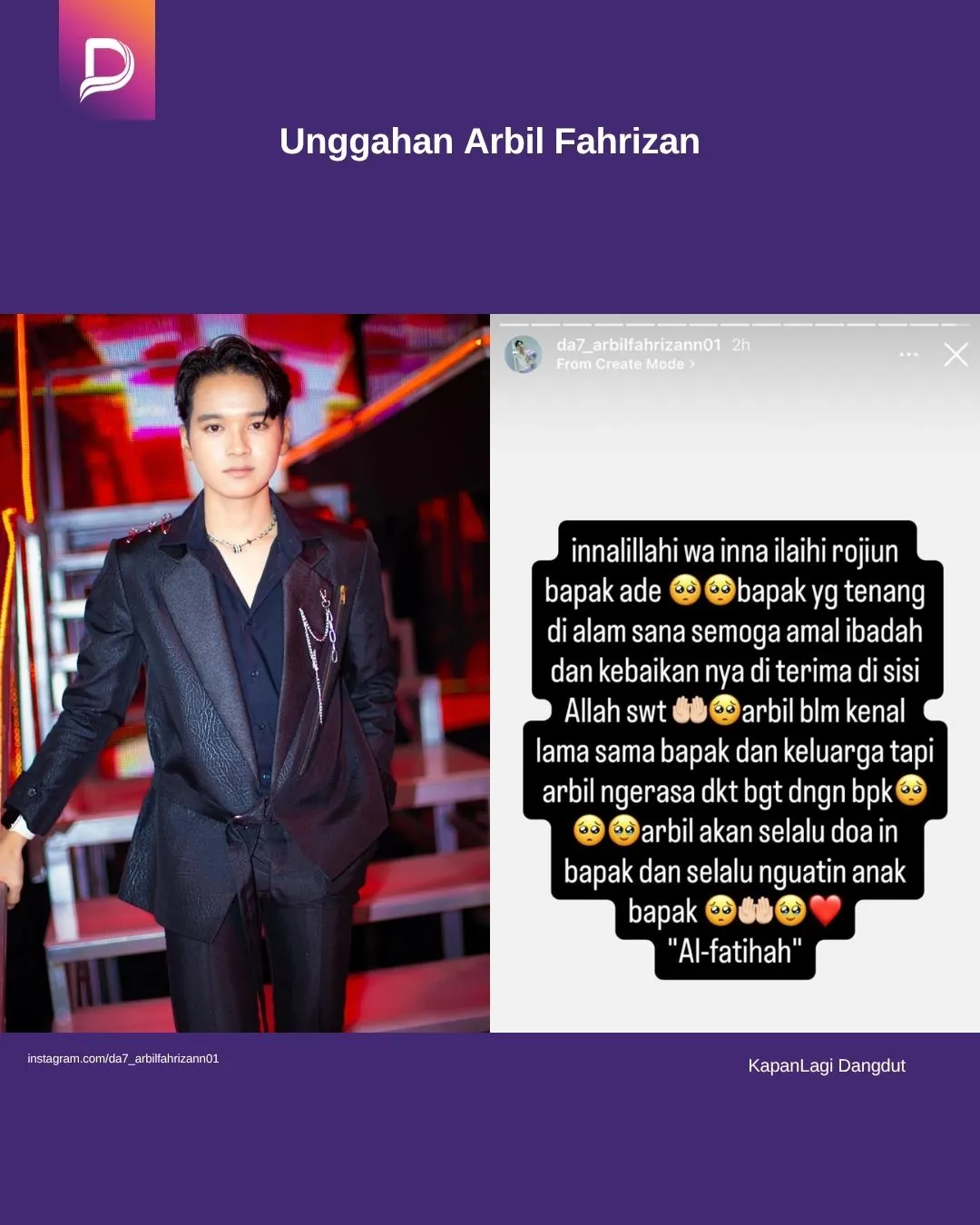 Ungkapan duka Arbil Fahrizan atas meninggalnya ayah Melly Lee. (credit: instagram.com/da7_arbilfahrizann01)