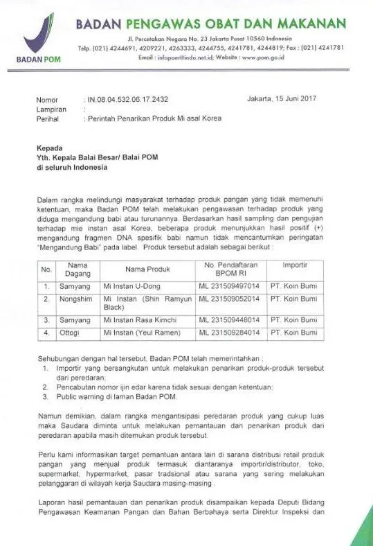 Surat edaran BPOM yang menyatakan sejumlah varian mie instan Korea Selatan tidak halal © BPOM