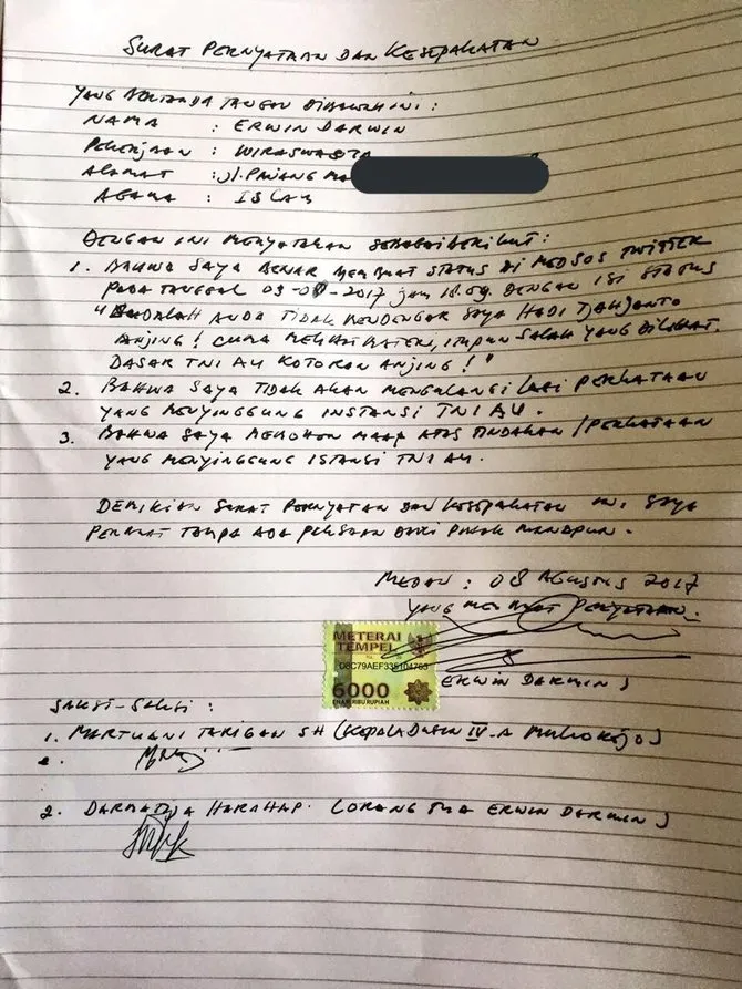 Surat pernyataan pengguna twitter setelah menulis status provokasi © twitter.com/_TNIAU