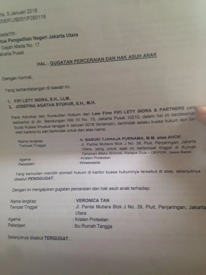 Gugatan cerai Ahok yang viral. cr: istimewa