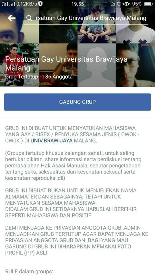 Grup Gay Universitas Brawijaya di Facebook yang jadi bahan perbincangan netizen © Facebook.com/Komunitas Peduli Malang