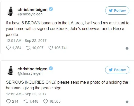 Chrissy Teigen meminta bantuan netizen soal pisang © Twitter.com