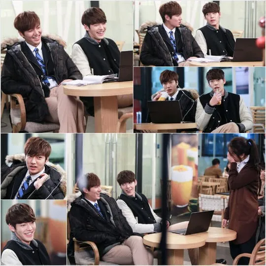 Lee Min Ho dan Kim Woo Bin yang penuh canda di set lokasi drama The Heirs ©soompi.com